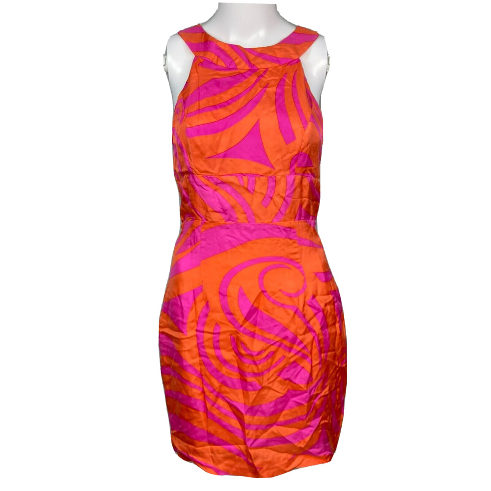 Skirtin Around Dress Womens Sz 2 Pink Orange Silk Halter Knee Length Sheath